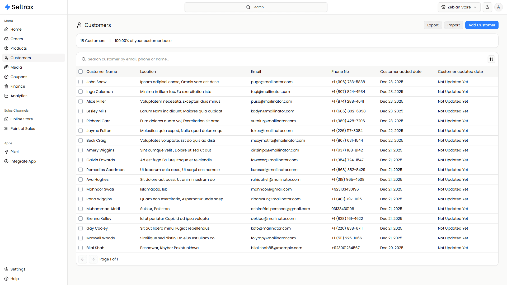Seltrax storefront dashboard