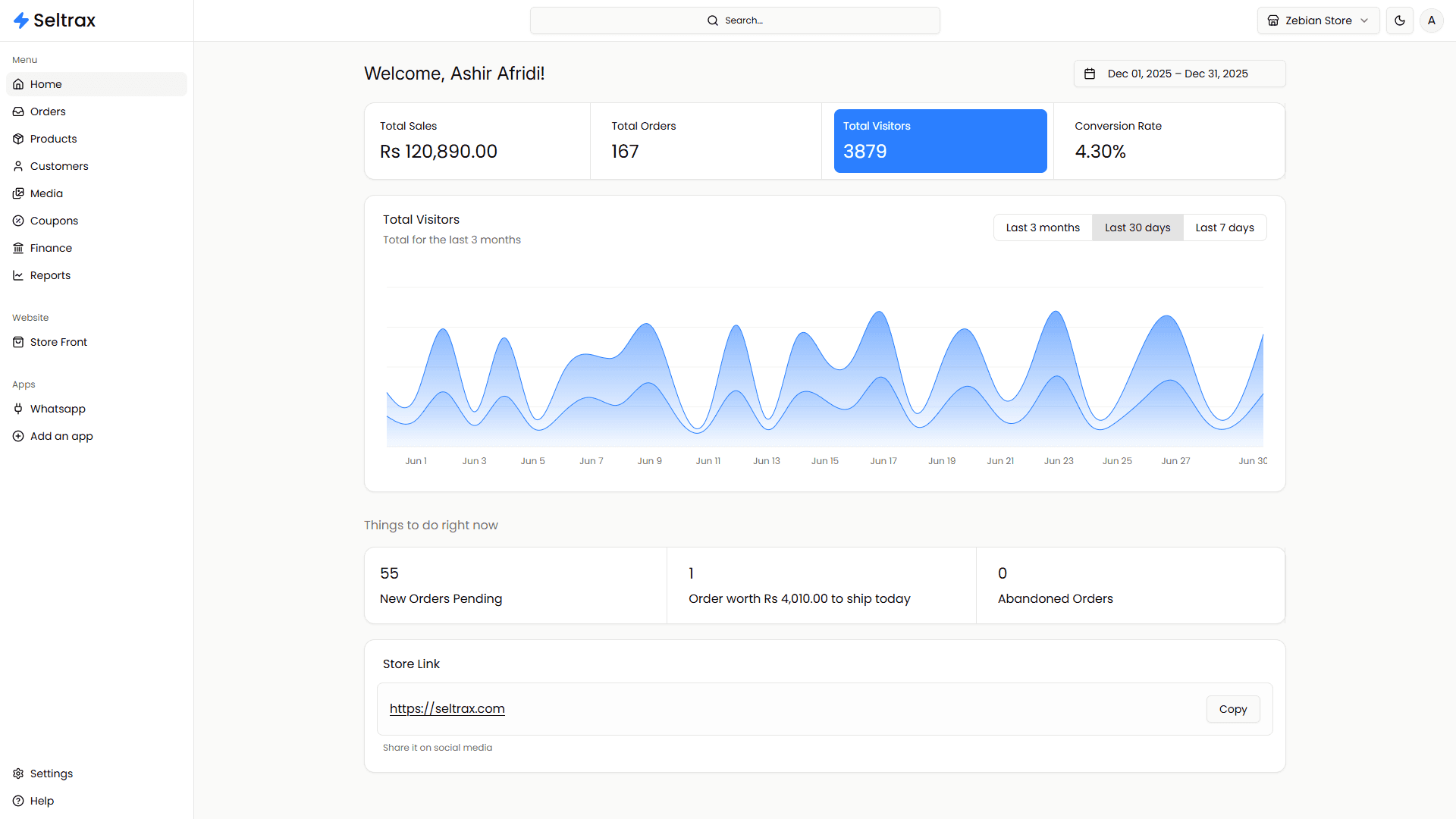 Seltrax store admin dashboard showing themes, payments, and analytics